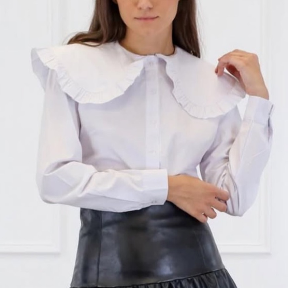 Udel New York Oversized Bib Ruffle Collar Button Up Down Shirt NWT